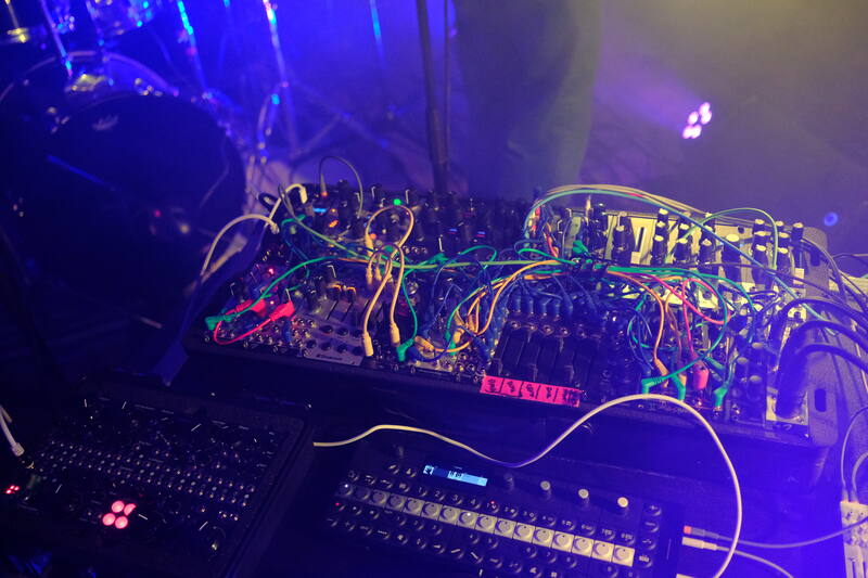 Close-up of the modular synthesizer, patch cables everywhere